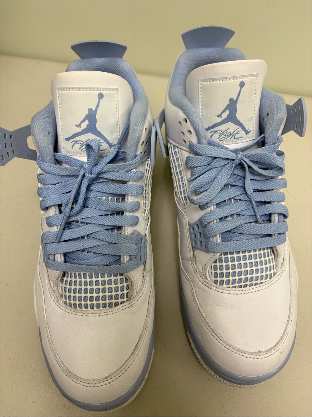 Air Jordan, White and Light Blue Athletic Shoes for men’s, Size; 11